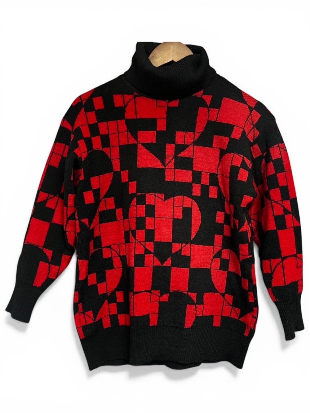 Vintage 80's Red and Black Geometric Turtleneck Wool Blend Sweater Retro ❤️🖤